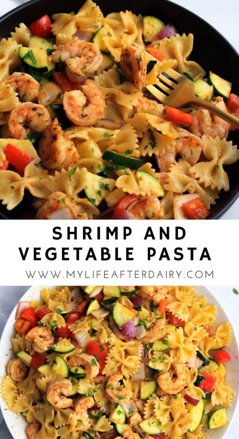 Make your weeknight dinner plans a breeze with this quick and easy shrimp and vegetable pasta dish. It comes together in 30-minutes for a quick weeknight meal everyone will enjoy. Juicy marinated shrimp, sautéed zucchini, bell pepper, and onion tossed with bow tie pasta! Shrimp Bow Tie Pasta, Shrimp Veggie Pasta Recipes, Shrimp Squash Recipes, Shrimp Vegetable Pasta, Shrimp Veggie Pasta, Zucchini And Shrimp Recipes, Shrimp And Zucchini Recipes, Shrimp Zucchini Recipes, Shrimp Zucchini Pasta