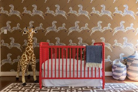 Amazing nursery with Scalamandre Zebra Print wallpapered accent wall Red Crib, Transitional Nursery, Jenny Lind Crib, Zebra Print Wallpaper, Jungle Safari Nursery, Red Nursery, Sophisticated Nursery, Zebra Nursery, Zebra Wallpaper