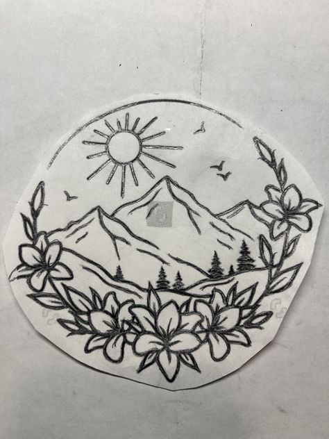 Colorado Rocky Mountains Tattoo, Simple Woman Tattoo Ideas, Pretty Mountain Tattoos, Flower Mountain Tattoo, Round Mountain Tattoo, State Tattoos For Women, Mountain Water Sun Tattoo, Female Mountain Tattoo, Sun And Mountains Tattoo