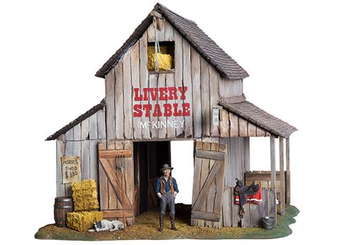 Livery Stable FW-0505 54 mm 1/32 | Black Hawk City | Black Hawk Toy Soldier Western Diorama, Livery Stable, Old Western Towns, Old West Town, Plastic Army Men, Green Army Men, Garden Railway, Toy Barn, Town Building