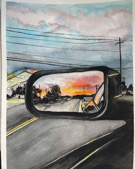 watercolor painting of this image.. hard to drive away from a sunset like that Mirror Painting, Mirror Art, Rearview Mirror, Rear View Mirror, Rear View, The Journey, Watercolor Painting, Watercolor Paintings, Drive