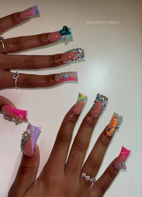 Medium Length Freestyle Nails, Colorful Stone Nails, French Freestyle Nails, Duck Nails Colorful, Junk Yard Nails, Nails With Bf Name, Rhinestone Duck Nails, Short Curved Nail Designs, Summer Junk Nails