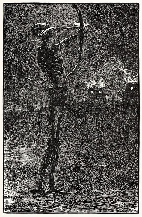 skeleton shooting flaming arrows in order to catch some buildings on fire John Everett Millais, Heroic Fantasy, Fotografi Vintage, Skeleton Art, Occult Art, Bow And Arrow, A Skeleton, Dark Art Illustrations, Creepy Art