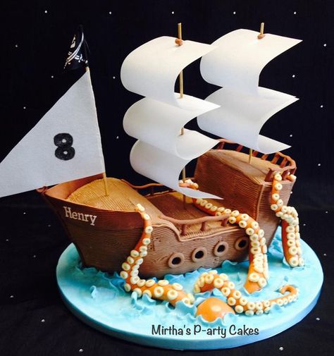 Pirate ship & sea monster cake Pirate Ship Cake, Strawberry Preserve, Pirate Birthday Cake, Pirate Ship Cakes, Ship Cake, Sea Ship, Strawberry Preserves, Monster Cake, Sea Monster