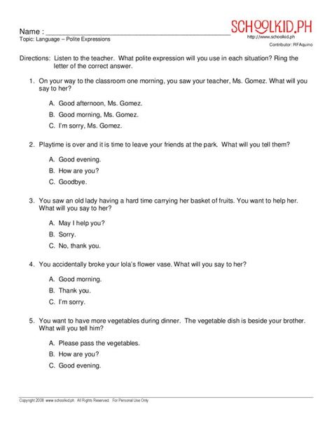 Polite Expressions Worksheet | Lesson Planet Polite Expressions Worksheets, Appropriate Vs Inappropriate Behavior Worksheet, Statement And Question Worksheet, Polite Greetings Worksheet, Possessive Apostrophes Worksheets, English Teacher Lesson Plans, All About Me Preschool Theme, Worksheets For Grade 3, English Grammar Rules