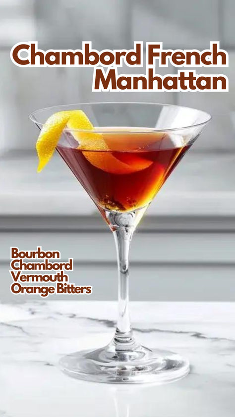 Chambord French Manhattan French Manhattan Cocktail, Fruity Rum Drinks, Manly Cocktails, Chambord Cocktails, Vermouth Cocktails, Bourbon Eggnog, Cocktail Cards, Vermouth Cocktail, Note Making