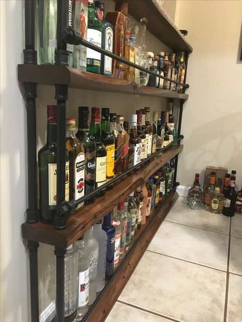 Corner Bar Shelves Ideas, Home Bar Shelving Ideas, Bar Shelves Ideas, Industrial Home Bar, Rustic Basement Bar, Home Gym Basement, Home Bar Ideas, Privacy Planter, Bourbon Room