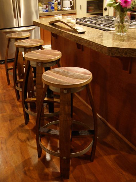 wine bar stools | Reclaimed wine barrel Bar Stool $200 | reclaimedwinebarrel Barrel Bar Stools, Wine Bar Ideas, Wine Barrel Bar Stools, Wine Barrel Chairs, Wine Barrel Crafts, Wine Barrel Bar, Wine Barrel Table, Whiskey Barrel Furniture, Barrel Projects