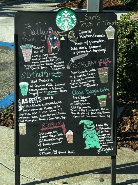 Halloween Starbucks Drinks, Halloween Starbucks, Sam Trick R Treat, Dark Caramel, Ice Blonde, White Mocha, Trick R Treat, Iced Matcha, Oogie Boogie