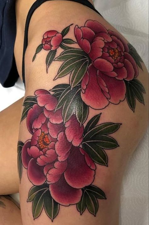 Hip Peony Tattoo, Colorful Hip Tattoos Women, Hip Tattoos Women Traditional, Chrysanthemum Back Tattoo, Leg Sleeve Tattoos Women, Traditional Shoulder Tattoos For Women, Hip Tattoo Cover Up Ideas, Traditional Hip Tattoo, Thigh Tattoo Ideas