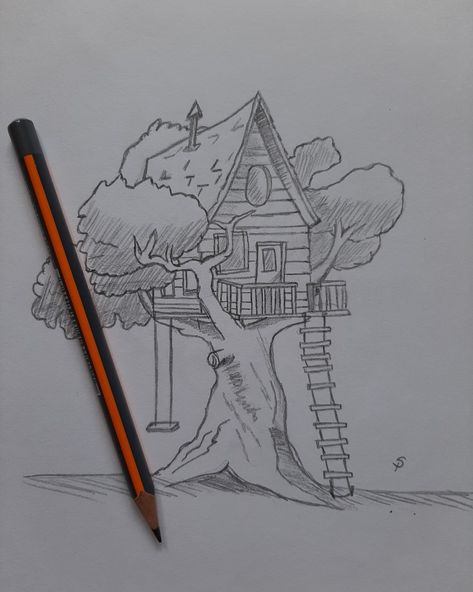 Tree House Sketch, House In A Tree Drawing, Tree House Drawing Simple, Tree House Art Drawing, Tree House Sketch Drawings, Fantasy Treehouse Drawing, Tree House Drawing, House Design Drawing, Tree Drawings Pencil