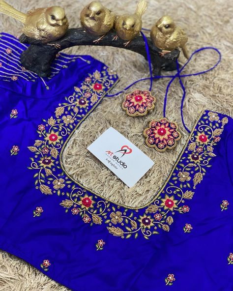 A Art Studio on Instagram: “For customising your outfits DM us/WhatsApp at 9133502232 . Dispatch in 7 to 10 working days . Blouse Embroidery Price - ₹9500/- Tassels -…” Red And Blue Maggam Work Blouses, Zardosi Design, Ghagra Design, Yellow Blouse Designs, Aari Work Blouse Designs, Magam Work Designs, Simple Blouses, Pink Blouse Designs, Magam Work