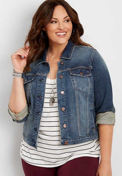 plus size dark wash denim jacket - alternate image Plus Size Jean Jacket Outfits, Denim Jacket Outfit Spring, Blue Jean Jacket Outfits, Spring Jacket Outfit, Dark Wash Denim Jacket, Jean Jacket Outfits, Denim Jacket Outfit, Denim Outfits, Jacket Outfit