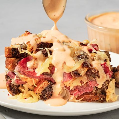 Pastrami Recipes, Classic Reuben Sandwich, Reuben Sandwich Classic, Reuben Casserole, Bread Toppings, Russian Dressing, Corned Beef Recipes, Reuben Sandwich, Whipped Feta