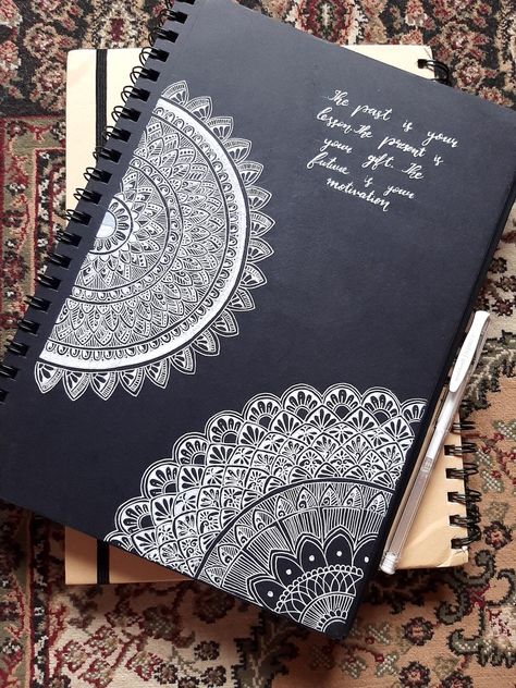 Mandala Art For Borders, Mandala Design On Black Paper, Home Science File Cover Decoration Ideas, Bondhu Khata Cover Page Design, White Pen Art On Black Paper Mandala, Mandala Art On Black Canvas, Mandala Drawing On Black Paper, Mandala Book Cover Design, White Mandala On Black Paper