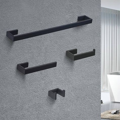 The modern 4-piece bathroom accessory set makes a great addition to any bathroom. Matte black/brushed nickel bathroom hardware bring an elegant and luxurious feel to your bathroom, while adding everyday convenience. Matte Black And Brushed Nickel Bathroom, Black And Brushed Nickel Bathroom, Brushed Nickel Bathroom Hardware, 4 Piece Bathroom, Bar Toilet, Elegant Bath, Brushed Nickel Bathroom, Steel Bath, Towel Holder Bathroom