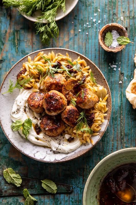 One Skillet Greek Meatballs and Lemon Butter Orzo | halfbakedharvest.com Half Baked Harvest Greek, Lemon Butter Orzo, Butter Orzo, Half Baked Harvest Recipes, Greek Meatballs, Whipped Feta, Harvest Recipes, One Skillet, Half Baked