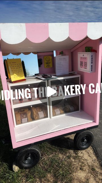 Anna on Instagram: "Building the Bakery Cart 🎀 🚚  #bakerycart #roadsidestand #bakery #selfserve #localbusiness #microbakery #sourdough #bakedgoods" Cookie Sales Display, Bakery Vendor Booth Display Ideas Food, Cupcake Farmers Market Display, Diy Road Side Stand, Food Cart Ideas Business, Self Serve Bakery Stand, Self Serve Bakery Cart, Road Side Bakery Stand, Bake Stand Ideas