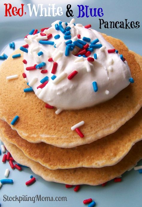 Red, White and Blue Pancakes3 Patriotic Cheesecake, Blue Pancakes, 4th Of July Camping, Blue Pancake, Cheesecake Stuffed Strawberries, Oreo Treats, Stuffed Strawberries, Strawberry Cheesecake Recipe, Tater Tot Breakfast