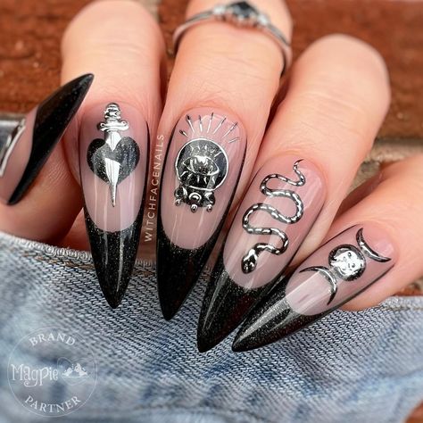 ✨🔮 Available on Etsy ✨ Link in Bio 🔮✨ 🔮 Everything @magpie_beauty ✨ Black Magic ✨ Gag Peach • Gms ✨ Gel Paints • Black & White ✨ Diana Chrome ✨🔮 Inspired by @nailsbloodynails who did a stunning gothic set so I just had to do a witchy version 🖤 #pressonnailsforsale #custompressonnails #tarotreading #tarotcards #tarotreader #witchesofinstagram #witchesofinstagram🔮🌙 #witchesofinsta #witchyaesthetic #witchynails #altnails #psychic #crystalballs #spellbound #manifestation #pressons #moonwit... Short Nail Bed, Press On Nails Black, Goddess Moon, Witchy Nails, Orange Stick, Gothic Nails, Magick Spells, Goth Nails, Triple Goddess