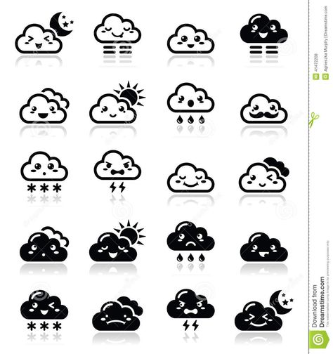 Cute cloud - Kawaii, Manga black icons with different expressions - happy, sad, angry Cute Cloud, Cloud Illustration, Kawaii Manga, Cloud Icon, Cloud Tattoo, Pinterest Humor, Girly Phone Cases, Cloud Drawing, Cartoon Icons