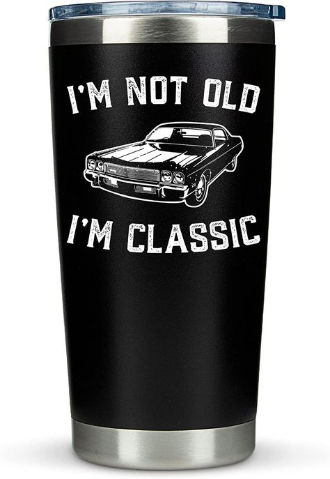 Gift idea for him! 20 oz Tumbler Mug with "I'm not old I'm Classic" and classic car. Keeps your beverage at the ideal temperature. Hot for 3 hours and cold for 9 hours. It can be used for anything, from wine or juice to coffee or tea. As an Amazon Associate I earn from qualifying purchases Mens Birthday Gift Ideas, Im Not Old Im Classic, Birthday Gift For Grandpa, Gift Idea For Husband, Mens Birthday, Grandpa Birthday Gifts, Car Guy Gifts, Birthday Gifts For Men, Grandpa Birthday