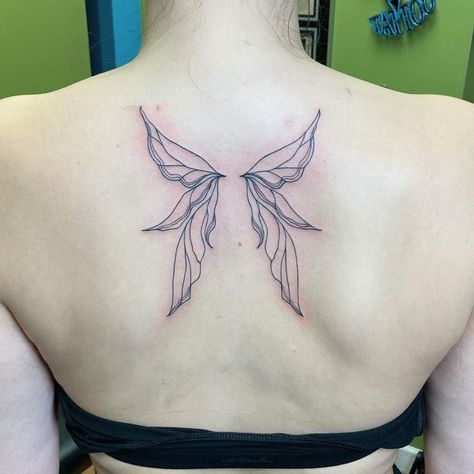 Back Tattoo Women Fairy Wings, Fine Line Fairy Wing Tattoo, Faerie Wings Tattoo, Back Fairy Wings Tattoo, Fairy Wings Tattoo On Back Women, Fairy Wing Tattoos On Back, Fairy Wing Back Tattoo, Fairy Wings Back Tattoo, Pixie Wings Tattoo