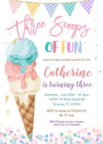 Its Sweet To Be Three Birthday, Three Scoops Birthday Party, Three Scoops Of Fun Birthday Invitation, 3rd Bday Party Themes, Ice Cream Birthday Party 3, Three Year Old Ice Cream Birthday Party, 3rd Birthday Party Gender Neutral, 3rd Birthday Invitations Girl, Three Year Old Ice Cream Party