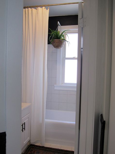 Rental Bathroom Makeover: Before, During, After – Project Palermo Sheer Shower Curtain, Tall Shower Curtains, Rental Bathroom Makeover, Rental Bathroom, Extra Long Shower Curtain, Long Shower Curtains, Patterned Tiles, Blue Bath, Water Closet