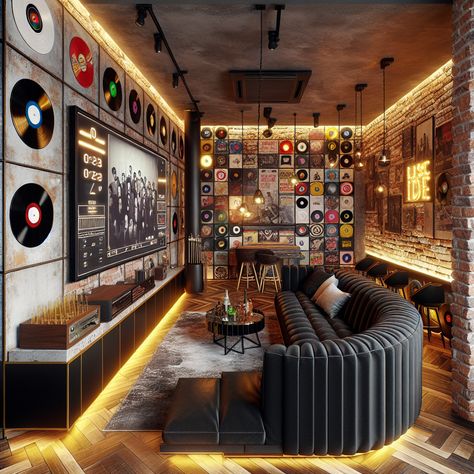 Experience ultimate relaxation in this man cave, merging rustic and industrial styles. Kick back on the plush black sofa, enjoy drinks from the stocked bar, or challenge friends at the billiards table. Moods are set by adjustable LED lights, while a jukebox plays your favorite tunes. #ManCave #HomeBar #MensSpace #GameRoom #HomeDecor #IndustrialDesign Retro Man Cave, Rustic Music Room, Music Store Interior, Basement Vibes, Music Building, Game Room Ideas, Industrial Style Living Room, Games Room Inspiration, Kitchen Renovation Inspiration