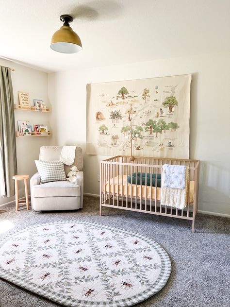 Gender neutral and muted nursery for soft, airy feel. Winnie-the-Pooh theme because “sometimes the smallest things take up the most room in your heart.” Classy Winnie The Pooh Nursery, Gender Neutral Baby Nurseries, Pooh Theme Nursery, Old Time Winnie The Pooh Nursery, Aesthetic Winnie The Pooh Nursery, Simplistic Nursery Gender Neutral, Neutral Nursery Winnie The Pooh, Rental House Nursery Ideas, Antique Winnie The Pooh Nursery