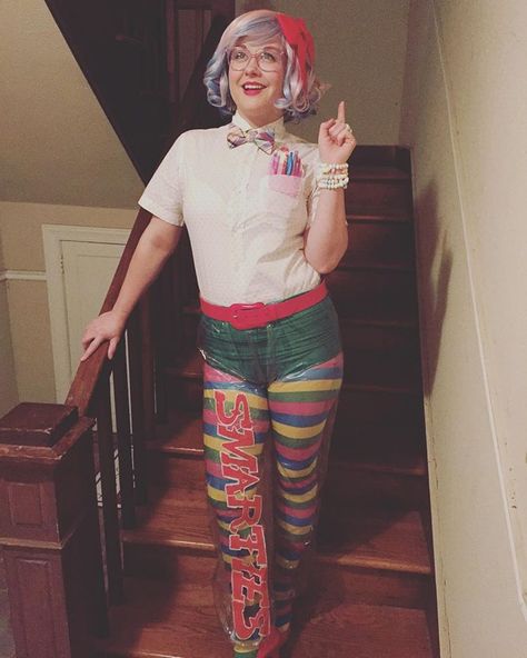 Costume #2 "Smartie Pants" #halloween #costume #puncostume #gohard #nerdy #candy #tulsa #pocketprotector Smarties Costume, Smartie Pants Costume, Smarty Pants Costume, Halloween Pun Costumes, Pants Halloween Costume, Outfits 40s, Pun Costumes, Punny Costumes, Punny Halloween Costumes