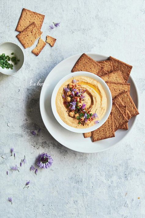 Rachel Korinek Food Photography, Snack Photography, Snacks Photography, Allotment Recipes, Hummus Crackers, Styling Moodboard, Chive Flowers, Mezze Platter, Hummus Recipes