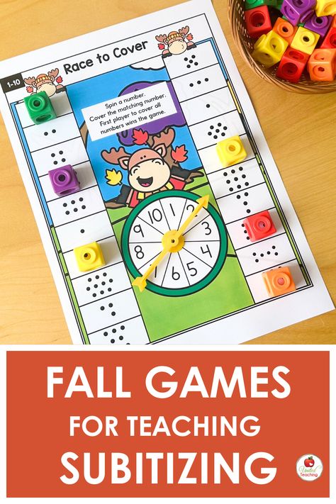 Help your students master subitizing and build number sense during the Fall with this collection of fun math games and math centers. Included are individual and partner math games and worksheets for numbers 1 to 10 and 1 to 20. Fall Math Games Kindergarten, Teen Number Activities, Partner Math Games, Math Games For Kindergarten, Number Sense Games, Math Centers For Kindergarten, Subitizing Activities, Fall Math Centers, Kindergarten Math Games