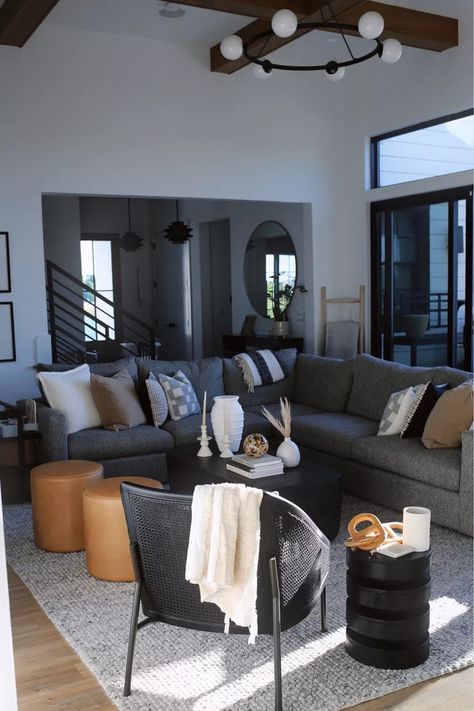 Dark Beach House Interior Design, Dark Coastal Living Room, Dark Coastal House, Dark Couch Beach House, Moody Beach House, Charcoal Cloud Couch, Living Room Transitional, Mid Century Modern Living Room, Coastal Living Rooms