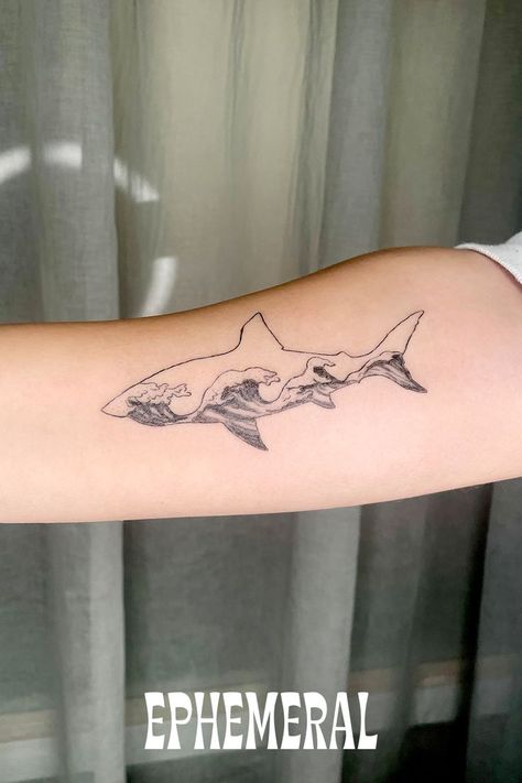 Shark Tattoo With Waves, Shark And Wave Tattoo, Fineline Shark Tattoo, Unique Shark Tattoo, Shark Wave Tattoo, Shark Tattoo On Arm, Shark Swimming Tattoo, Abstract Shark Tattoo, Reef Shark Tattoo