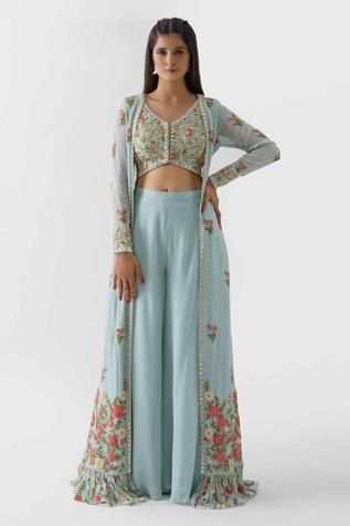 Indian 3 Piece Dress, Blouse Pants Outfit Indian, Indian Three Piece Design For Women, Indian Jacket Suit, Traditional 3 Piece Dress, Three Piece For Women Indian, 3 Piece Dress For Women Wedding Indian, Plazo Choli With Jacket, Plazo Dress With Jacket