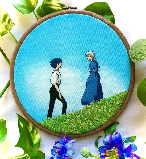 Le Château Ambulant 🌿🌷 Voici une nouvelle pièce sur ce merveilleux Ghibli, avec un fond à l’aquarelle et une belle petite prairie fleurie 🥰… | Instagram Howls Moving Castle Embroidery, Embroidery Ghibli, Embroidery Studio, Slime Rancher, Embroidery Hoop Art Diy, Hama Beads Patterns, Diy Embroidery Patterns, Round Canvas, Embroidery Works