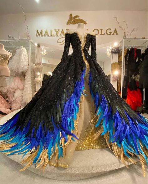 Malyarova Olga, Disney Princess Inspired Dresses, Long Sleeve Black Evening Dress, Feather Dresses, Feathered Dress, Feathers Dress, Camp Dress, Haute Couture Dress, Coronation Dress