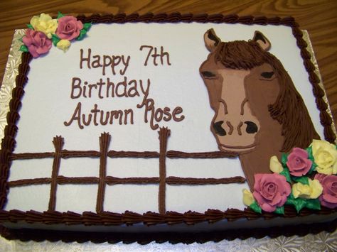 Horse Birthday Cake...haha I have a friend named atutmn rose. 18th Birthday Cake For Girls, Horse Cakes, Cowboy Birthday Cakes, Horse Themed Party, Horse Birthday Cake, Cowgirl Cakes, Birthday Sheet Cakes, Horse Birthday Parties, Happy 7th Birthday