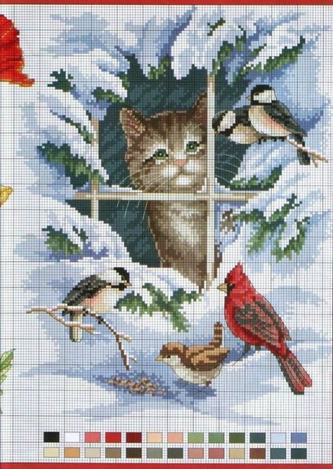 Vogue Kids, Cat Embroidery, Winter Cross Stitch, Pola Kristik, Cross Stitch Bird, Beaded Cross Stitch, Cross Stitch Pictures, Cat Cross Stitch, Crochet Cross