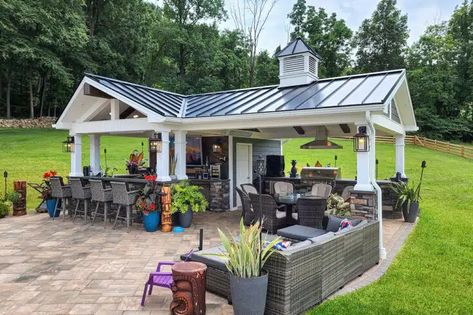 Project Gallery | Chester & Lancaster County PA | Keystone Custom Decks Pool House With Covered Porch, Pool Cabana With Kitchen, Farmhouse With Pool Backyards, L Shape Pool House, Carport Pool House, Pool House With Grill Area, Pool Structure Ideas, Craftsman Style Pool House, Corner Pool House