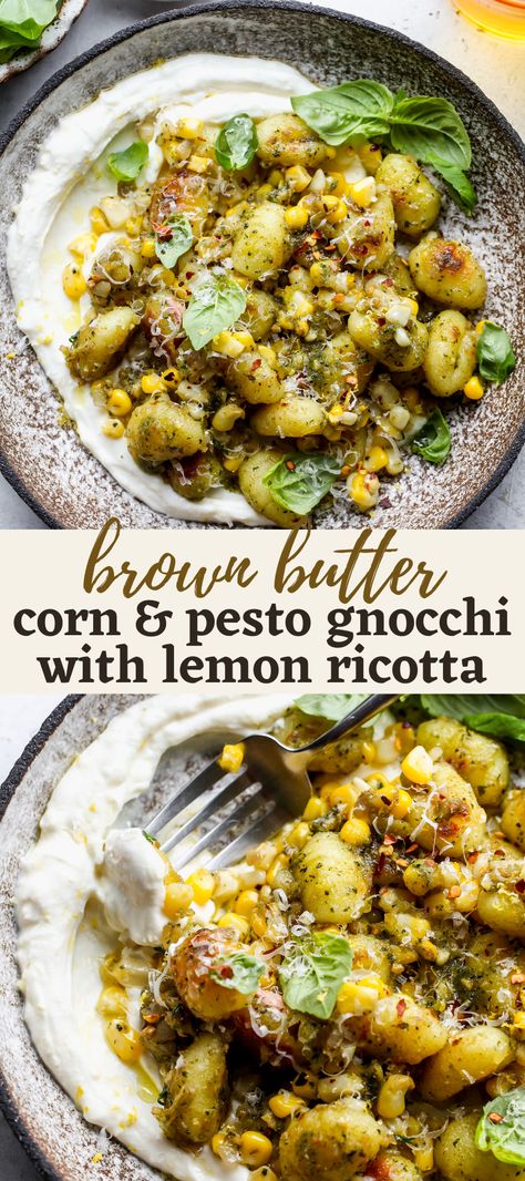 Gnocchi Pesto Recipes, Brown Butter Gnocchi, Gnocchi Pesto, Pesto Gnocchi, Dishing Out Health, Gnocchi Dishes, Butter Corn, Cheesy Broccoli Casserole, Whipped Ricotta