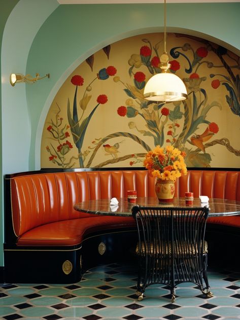 Banquette Seating Design Inspired by Vicente E. Wolf #ai Banquette Seating Design, Breakfast Banquette, Banquette Seating Restaurant, Restaurant Banquette, Kitchen Booth, Booth Seating In Kitchen, Banquette Ideas, Restaurant Booths, French Headboard