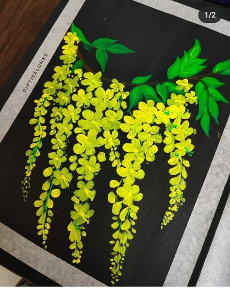 Yellow falling flowers painting Easy Panting Ideas Simple On Paper, Painting Ideas Easy Simple Black Background, Acrylic Painting Ideas Black Background, Flower Paintings Simple, Easy Paintings Acrylic, Painting Flower Ideas, Flower Paintings Easy, Canvas Background Ideas, Simple Flower Painting