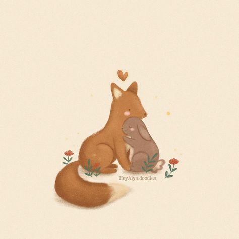 Fox And Bunny Art, Fox And Bunny, Fox Drawing, Fox And Rabbit, Cute Animal Drawings Kawaii, Rabbit Art, Wolf Dog, March 16, March 19