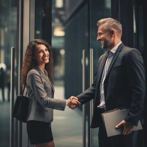 photography style. Lady meeting new boss at the door of a big corporate building shaking hands. Carrying folders. Big smiles. Hig resolution Two People Shaking Hands, Corporate Building, Shaking Hands, Big Smiles, Office Meeting, At The Door, Shake Hands, Two Men, Guy Pictures