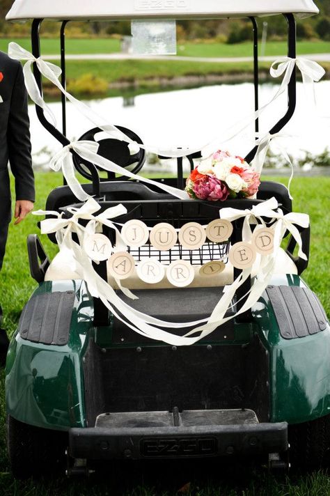 printed the sign from Martha Steward wedding site.  My friend decorated our cart with ribbons :) Wedding Golf Cart, Golf Cart Decorations, Wedding Golf, Cart Decor, Wedding Site, My Dream Came True, Country Club Wedding, Club Wedding, Golf Cart