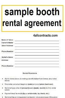 Booth rental agreement Download this example of sample booth rental agreement in doc format.Rental ProvisionsStylist, listed above, is renting a booth/station from Owner, also listed above.The rental period will begin on {date} and end {when it will end}.Stylist will pay a fee of {amount} every {week, month} for this rental space.Payment must be made {by a certain date, by check, #house #homes #home #rent #pdf #download #houserent #agreement #template Booth Rental Agreement, Photographers Contract, Wedding Photography Contract Template, Room Rental Agreement, Cleaning Contracts, Payment Agreement, Wedding Photography Contract, Rent To Own Homes, Tenancy Agreement