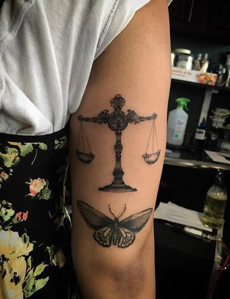 Libra Spiritual Tattoo, Balance Of Good And Evil Tattoo, Balanced Scale Tattoo, Libra Venus Tattoo, Creative Libra Tattoo, Justice Tattoo For Women, Libra Zodiac Tattoos For Women, Law Tattoo Ideas, Zodiac Tattoos For Women